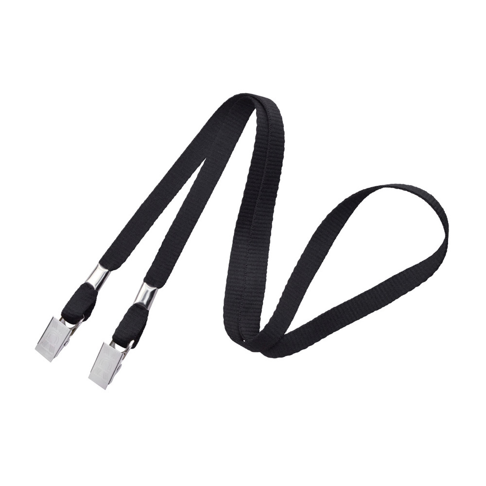3/8'' Black Flat Opened-ended Lanyard w/ Two Bulldog Clips 