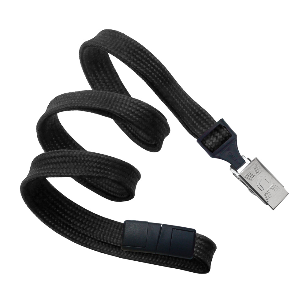 3/8'' Black Flat Braid Lanyard with Black Safety Breakaway & Bulldog Clip 