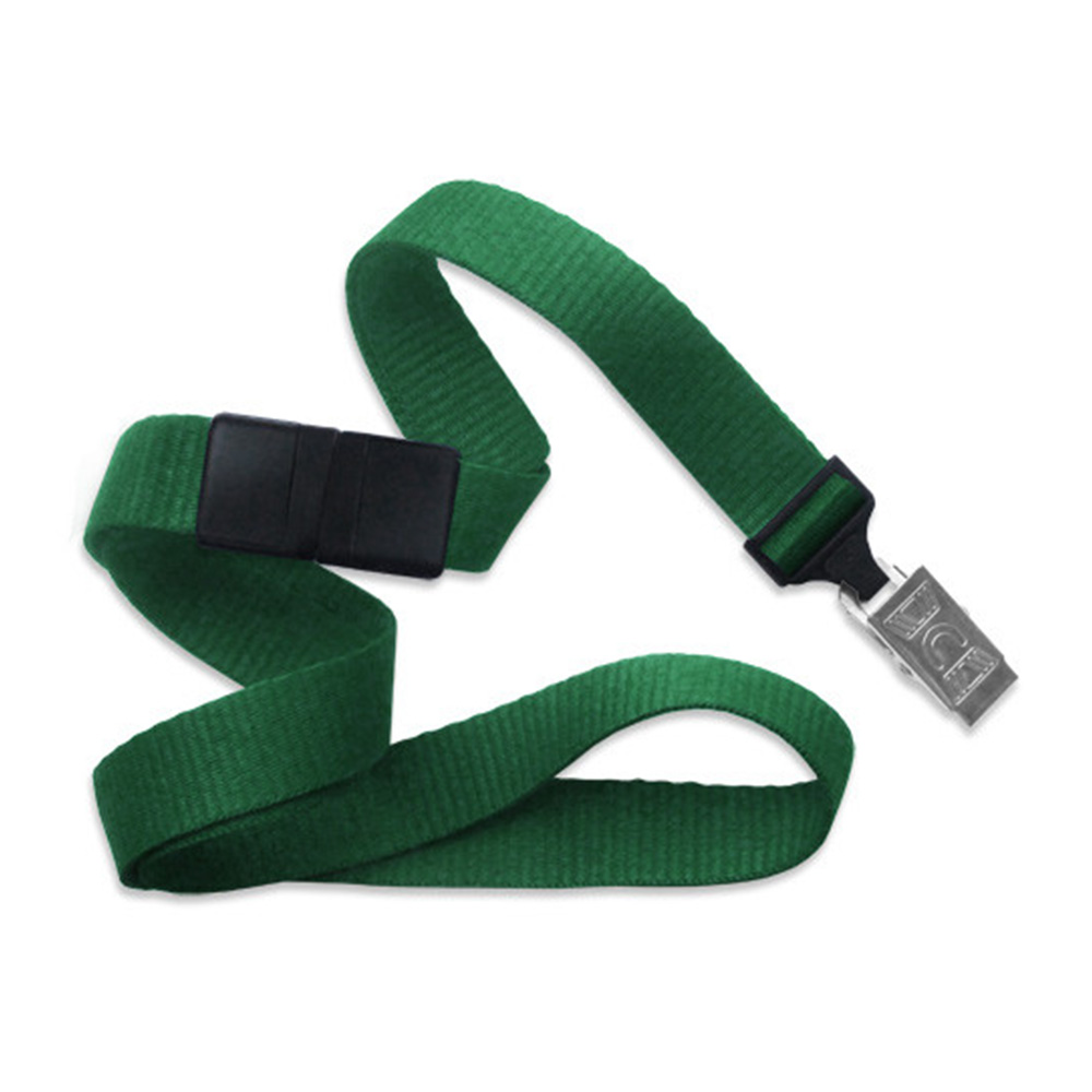 5/8'' Green Flat Braid Lanyard with Black Safety Breakaway & Bulldog Clip 