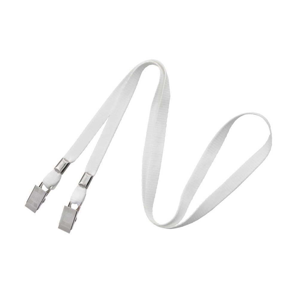 3/8'' White Flat Opened-ended Lanyard w/ Two Bulldog Clips 
