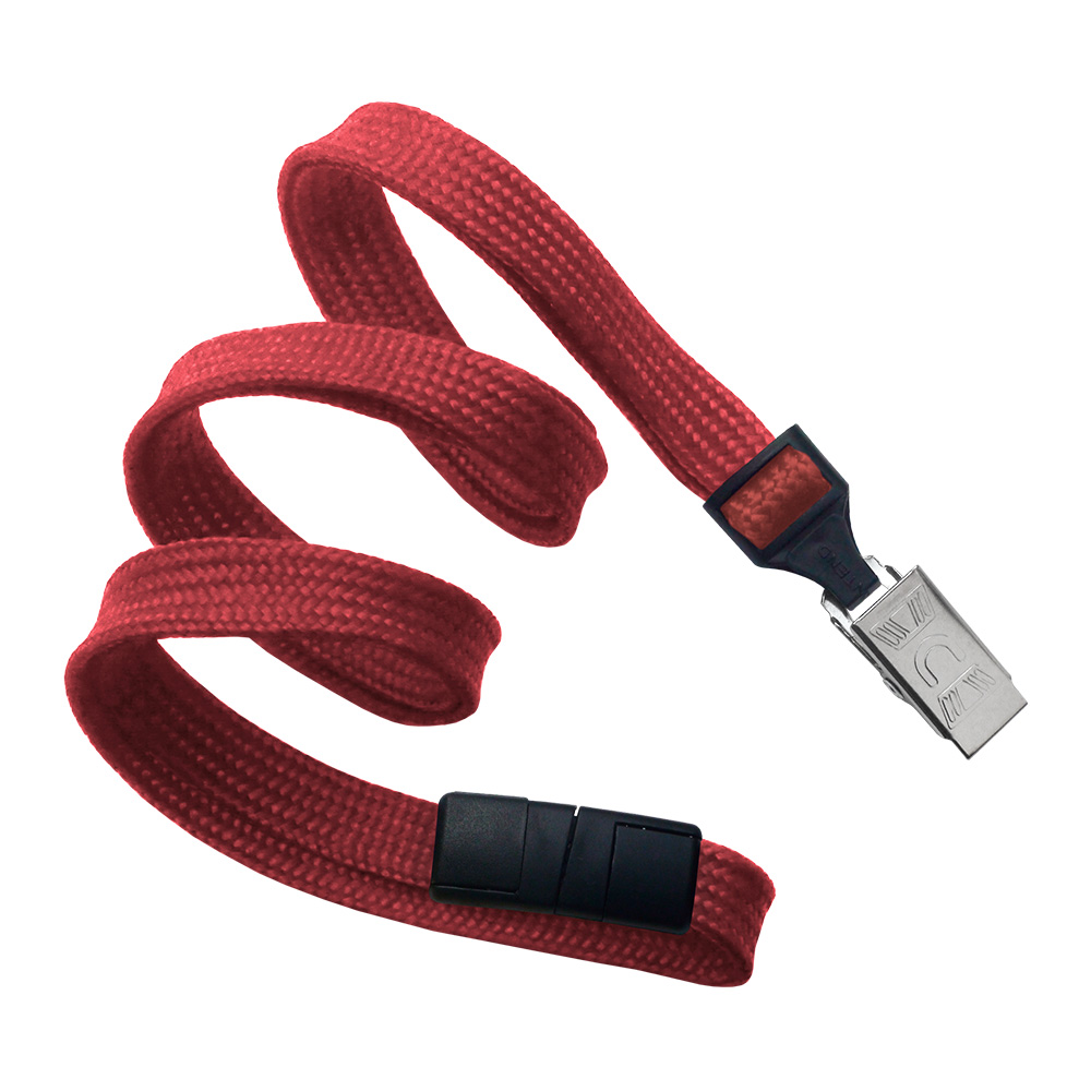 3/8'' Red Flat Braid Lanyard with Black Safety Breakaway & Bulldog Clip 
