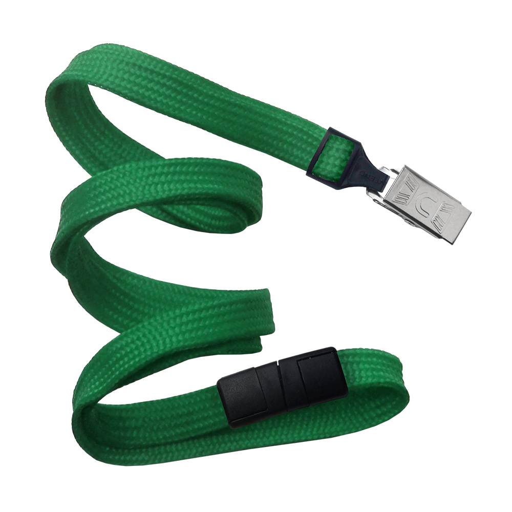 3/8'' Green Flat Braid Lanyards with Black Safety Breakaway and Bulldog Clip