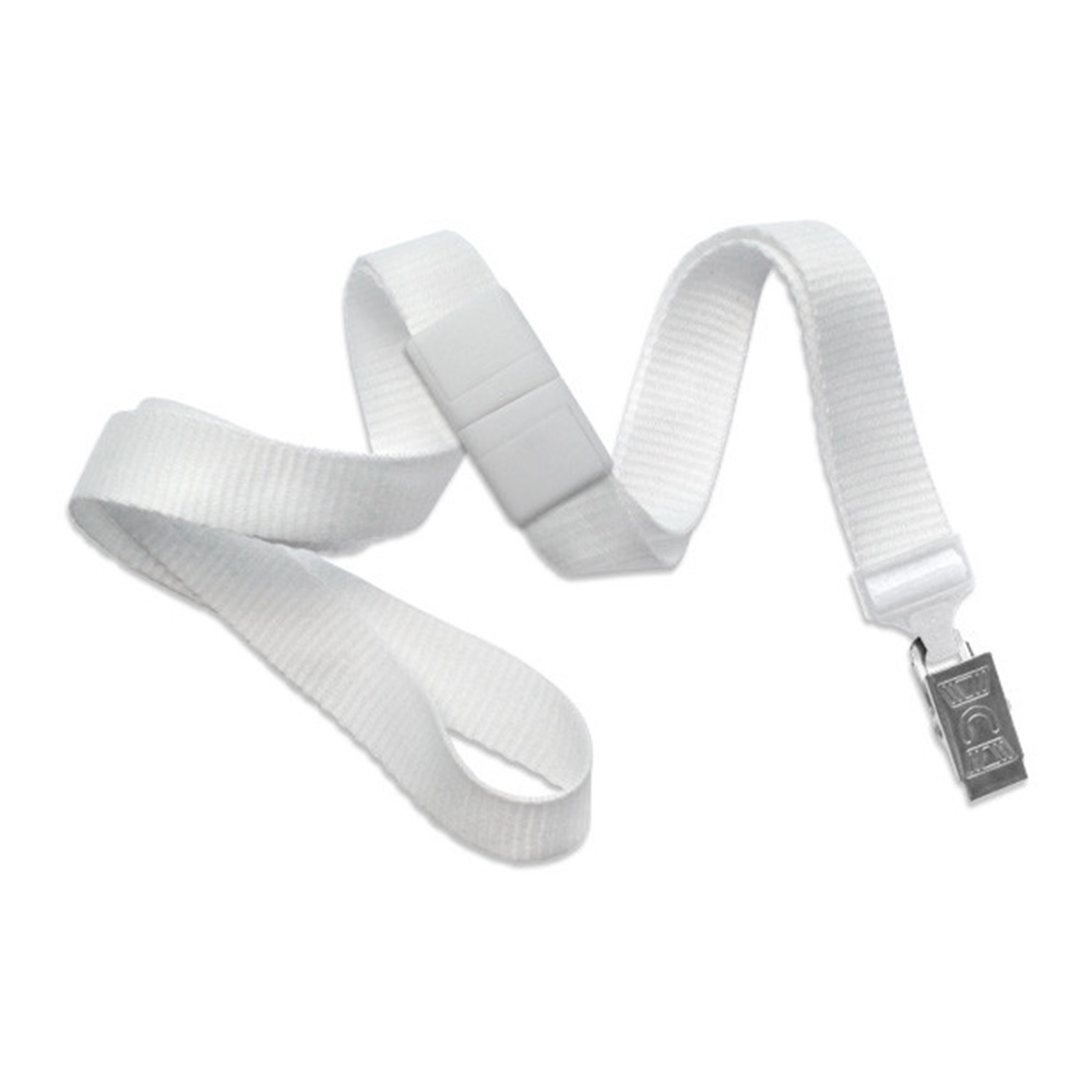 5/8'' White Flat Braid Lanyard with White Safety Breakaway & Bulldog Clip 