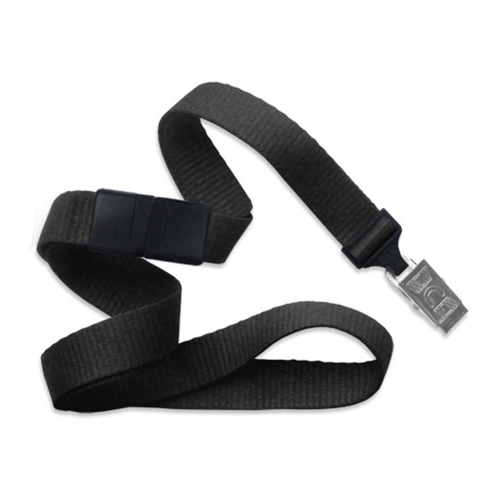 5/8'' Black Flat Braid Lanyard with Black Safety Breakaway & Bulldog Clip 